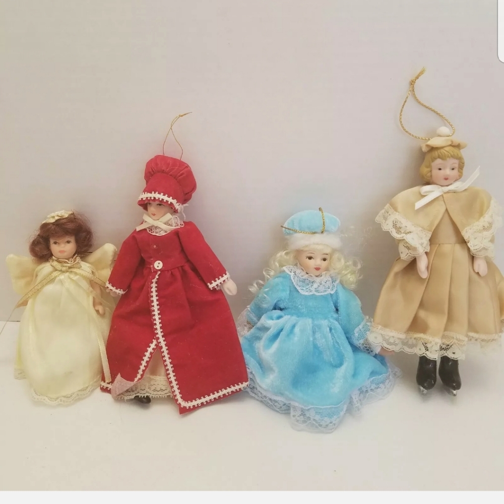 VTG Victorian Christmas Ornament Angel Velvet Dress Skater Porcelain Girls Lot 4
